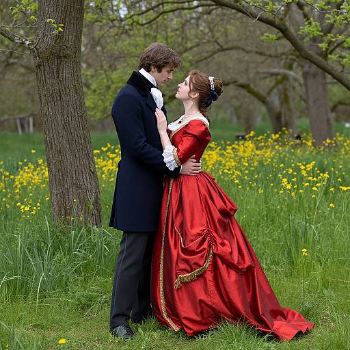 Photograph of a brown-haired couple in a black suit and red satin dress, kissing in a lush green meadow with yellow dandelions and trees