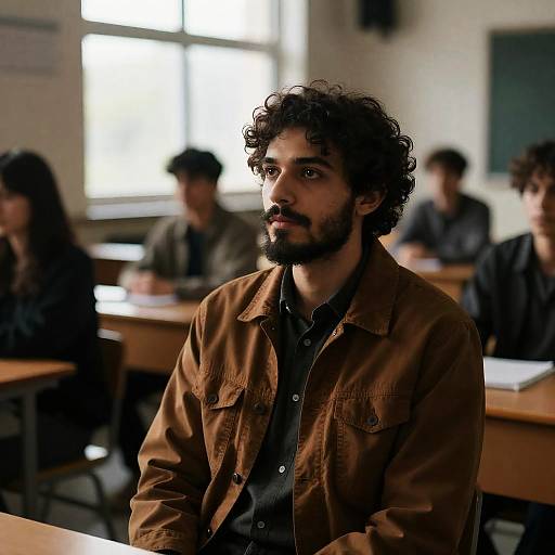 Serious Bearded Man in Classroom Setting