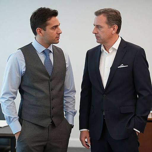 Photograph of two men in formal attire, one in a gray vest and blue tie, the other in a black suit, standing and facing each other