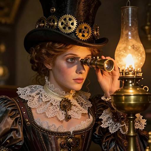 Steampunk portrait of a woman in a black top hat with gears, lace collar, and brown dress, examining a glowing oil lamp.