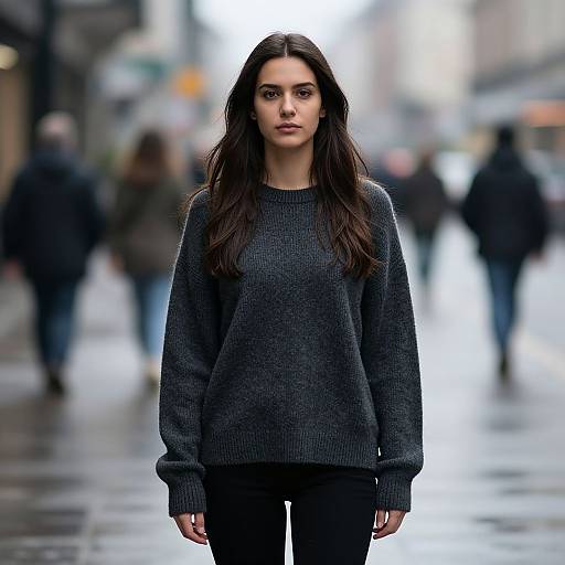 Photograph of a serious, dark-haired woman in a gray sweater, standing in a wet, blurred urban street with pedestrians.