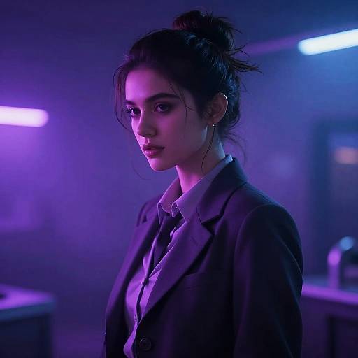 Photograph of a serious young woman with dark hair in a messy bun, wearing a dark suit and white shirt, illuminated by purple and blue neon lights