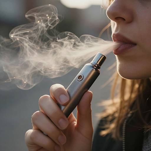 Close-up photograph of a woman's lips blowing smoke from a silver e-cigarette, with sunlight illuminating her face and wispy smoke curling upward