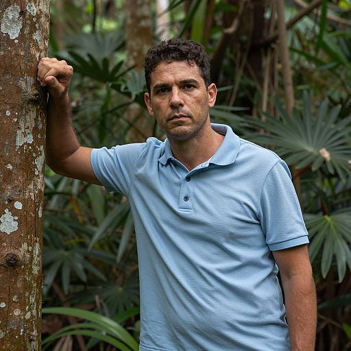 Man in Light Blue Polo Shirt in Jungle