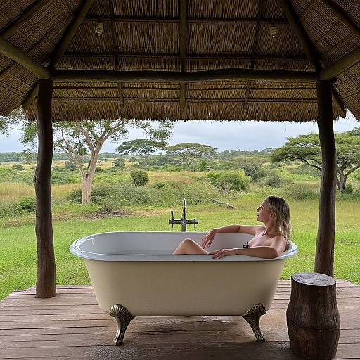 Photograph of a blonde woman in a white clawfoot bathtub, relaxing under a rustic wooden hut with a lush green landscape outside.