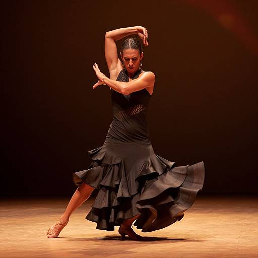 Photograph of a female flamenco dancer in a black ruffled dress, mid-motion, arms graceful, one leg extended, against a dimly lit