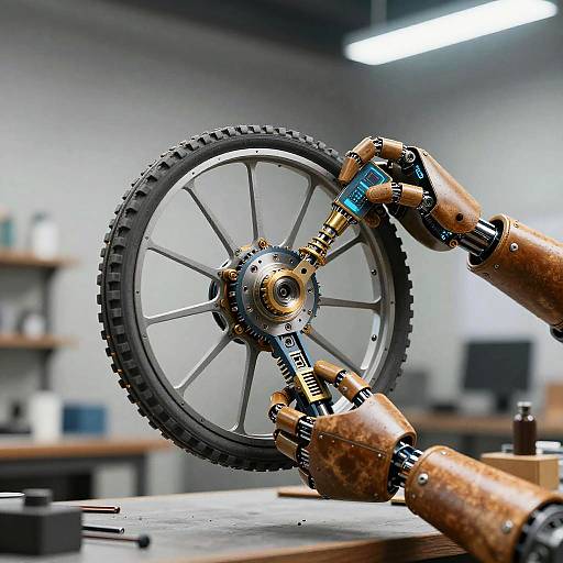 Rustic Robot Hand Assembling Futuristic Wheel