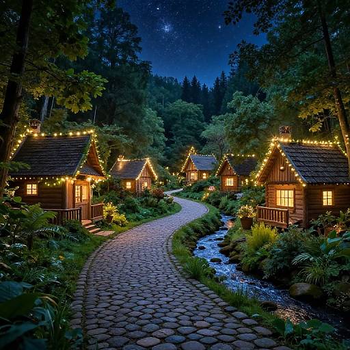 Photograph of a whimsical, fairy-tale cottage village at night, with glowing string lights, wooden houses, winding cobblestone path, and