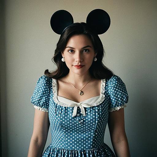 Photograph of a young woman with dark hair, wearing a blue polka dot dress, white trim, and black Minnie Mouse ears, against a