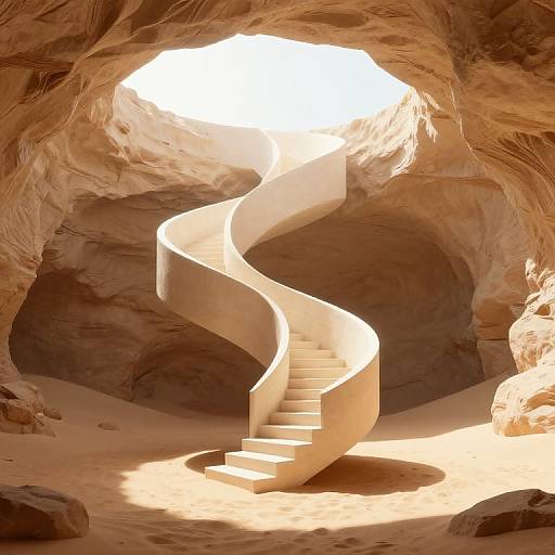 Photograph of a spiral staircase in a sunlit desert cave, with warm, sandy tones and smooth, flowing curves illuminated by natural light.