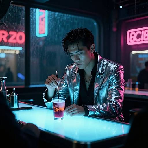 Photograph of a moody Asian man in a metallic silver jacket, sitting at a neon-lit bar, holding a drink, rain visible outside,