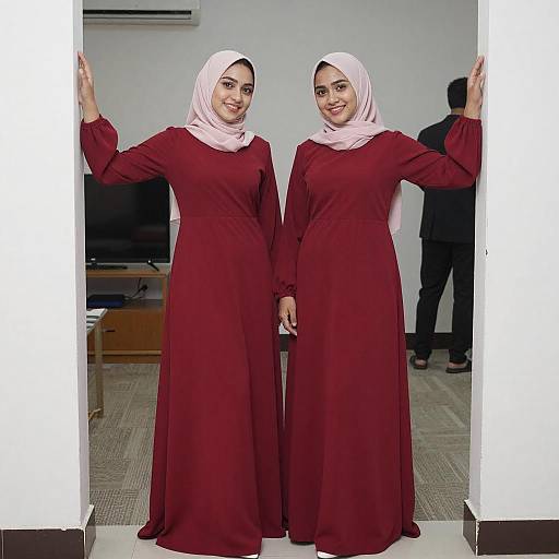 Two Women in Red Dresses and Pink Hijabs