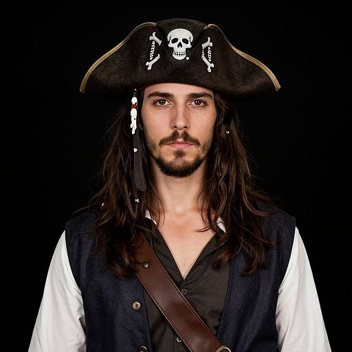 Photograph of a bearded man with long brown hair, wearing a black pirate hat with a skull and crossbones, black vest over white shirt,