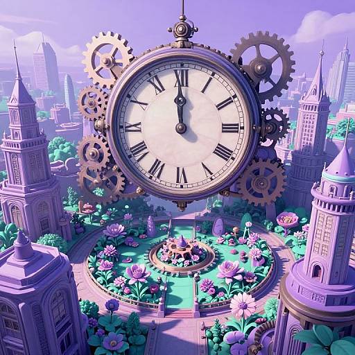Digital art: Giant clock with gears hovering over a vibrant, flower-filled courtyard surrounded by purple-tinted, gothic-style buildings in a whimsical