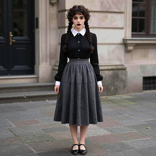 Photograph of a young woman with curly dark hair in braids, wearing a black lace top, white collar, gray plaid skirt, and black