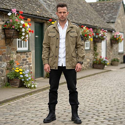 Photograph of a handsome man with short brown hair, wearing a green military-style jacket, white shirt, black pants, and boots, standing on a
