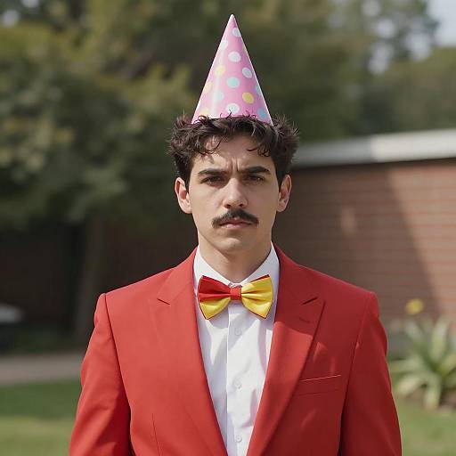 Man in Red Suit with Party Hat