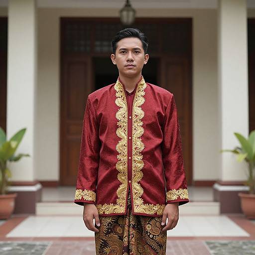 Photograph of an Asian man with short black hair, wearing a red and gold embroidered traditional shirt and black patterned pants, standing in front of a