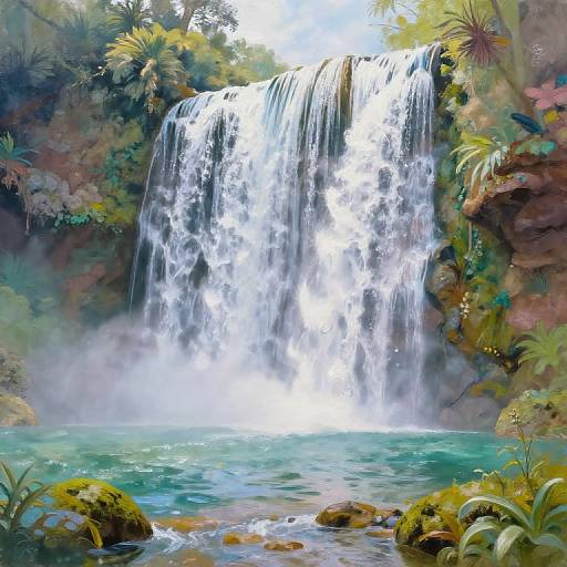 Vibrant digital painting of a cascading waterfall amidst lush, green tropical foliage, with clear turquoise water below and mist rising.
