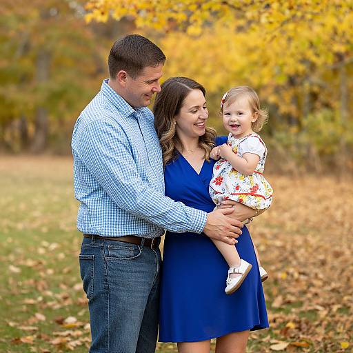 Photograph of a smiling family in autumn: man in blue check shirt and jeans, woman in blue dress, holding a toddler in a white dress with