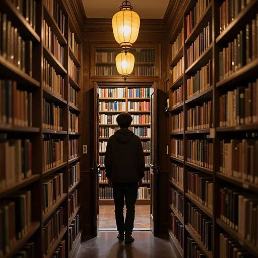 Photograph of a silhouetted person standing in a narrow library aisle, facing bookshelves illuminated by two hanging, warm yellow lights.