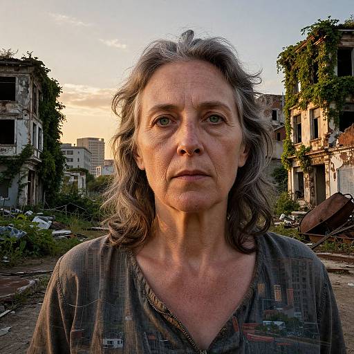 Photograph of a middle-aged woman with gray wavy hair, wearing a plaid shirt, standing in a ruined, overgrown urban area at sunset