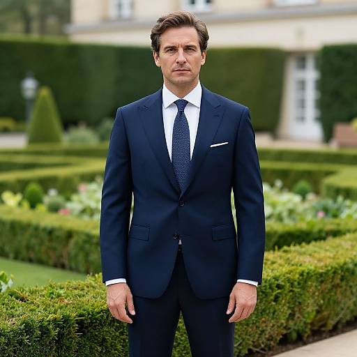 Confident Man in Navy Suit Garden