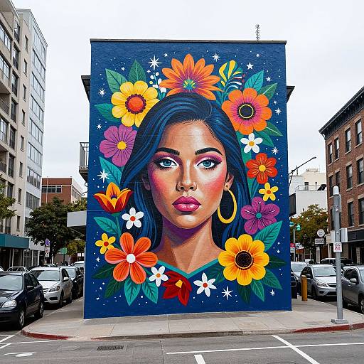 Vibrant Floral Mural in Urban Street