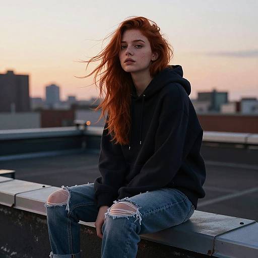 Photograph of a red-haired woman in a black hoodie and ripped jeans, sitting on a rooftop at sunset with a city skyline blurred in the background.