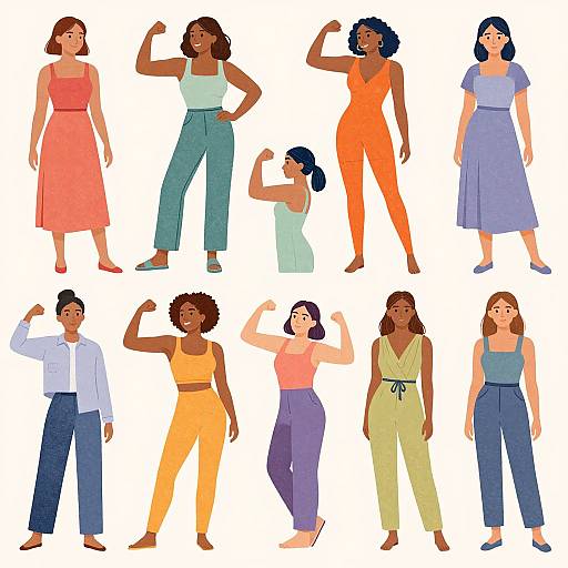 Digital illustration of diverse women and men flexing biceps, wearing colorful, casual outfits. Background is plain white, highlighting varied skin tones, hair styles