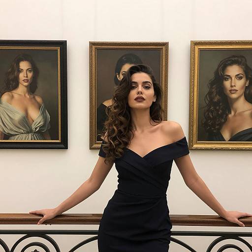 Elegant Woman with Portraits and Railing