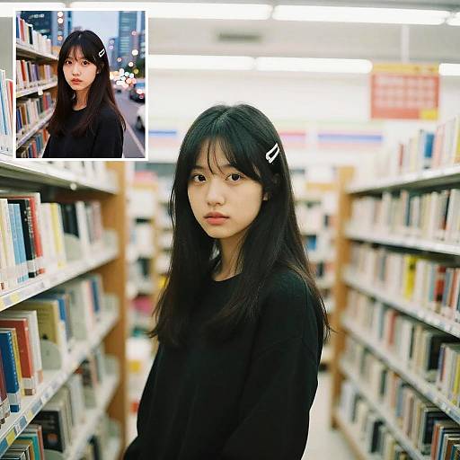 Photograph of an Asian woman with long black hair, wearing a black sweater, standing in a brightly lit library aisle. Inset: Smaller photo