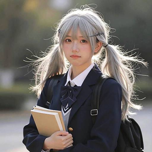 Photograph of an anime-style teenage girl with silver twin-tails, wearing a black school uniform, holding a book, and carrying a backpack, standing