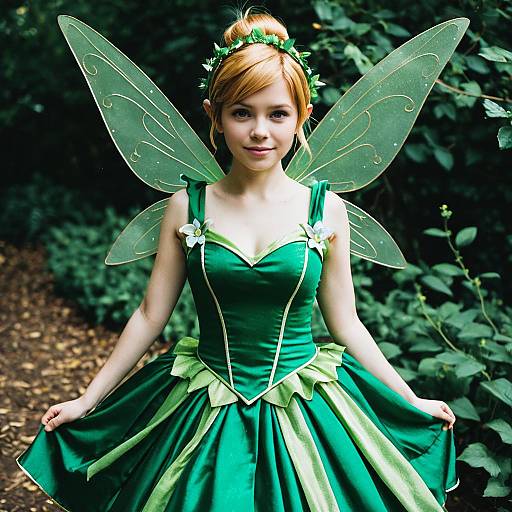 Photograph of a young, fair-skinned girl with red hair in a green fairy costume, translucent wings, and leafy headband, standing in