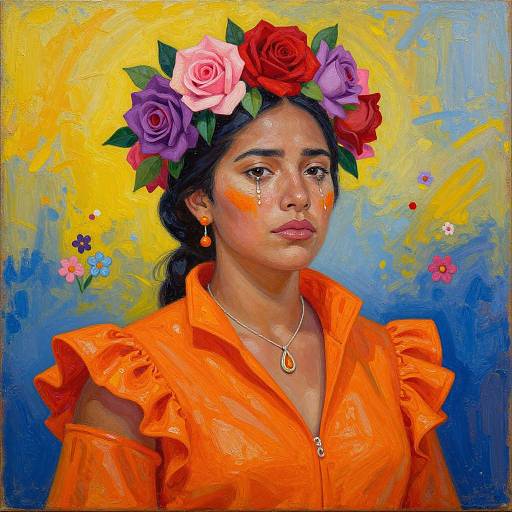 Digital painting of a young woman with dark skin, wearing an orange ruffled blouse, flower crown, orange face paint, and yellow-blue background.