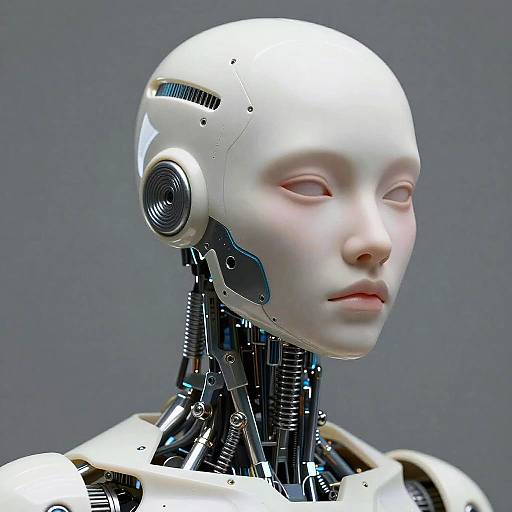 Photorealistic CGI image of a white, humanoid robot with smooth, featureless face, closed eyes, and exposed mechanical neck and shoulders against a gray