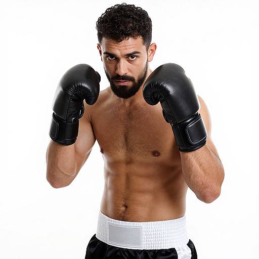 Photograph of a muscular, bearded man with dark curly hair, wearing black boxing gloves and white waistband, standing in a fighting stance against a