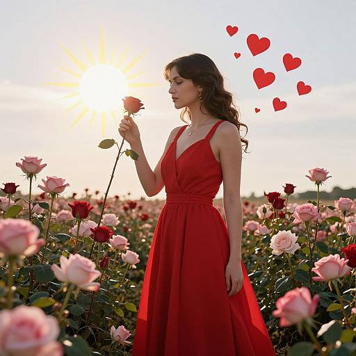 Photograph of a woman in a red dress, holding a pink rose, surrounded by blooming roses, with red hearts floating above her, against a