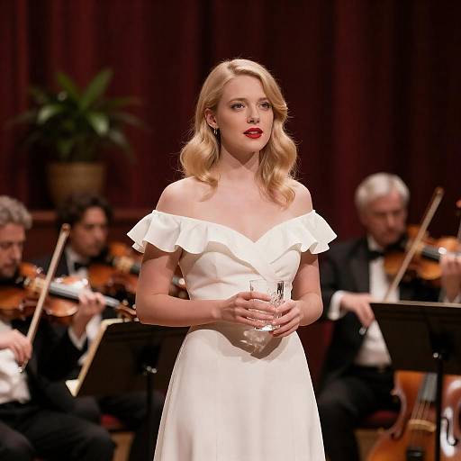 Elegant Blonde in Dim Theater Setting