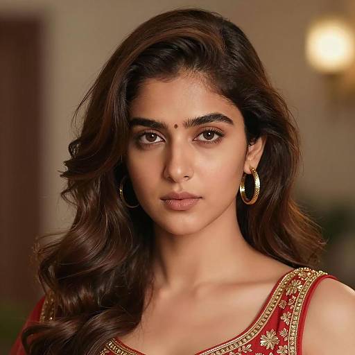 Young Woman with Wavy Hair in Traditional Attire