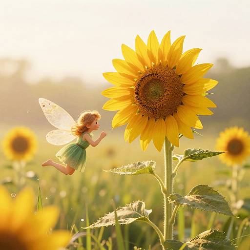 Cheerful Sunflower Fairy at Sunrise