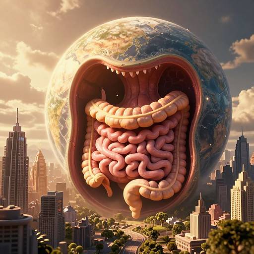 Digital art: Giant, open-mouthed Earth with massive, pink, grotesque tongue and teeth looming over a sunlit, realistic cityscape.