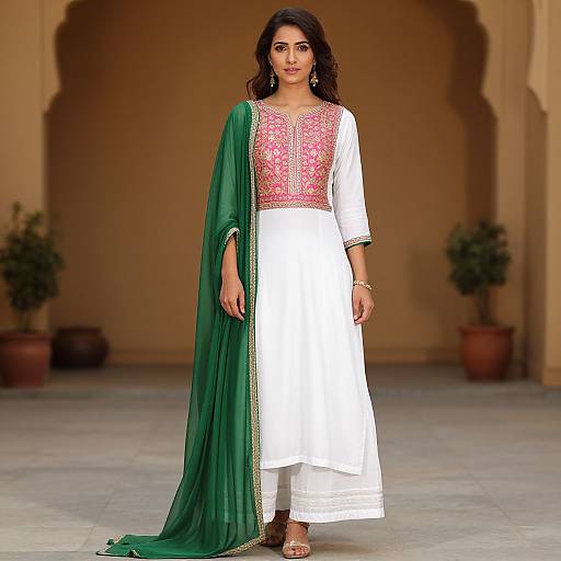 Photograph of a South Asian woman with medium brown skin, wearing a white salwar kameez with pink embroidery and a green dupatta, standing