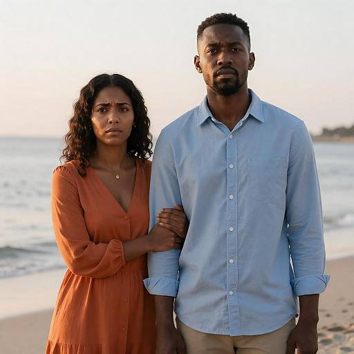 Photograph of a serious African couple standing on a beach at sunset; woman in orange dress, man in light blue shirt.