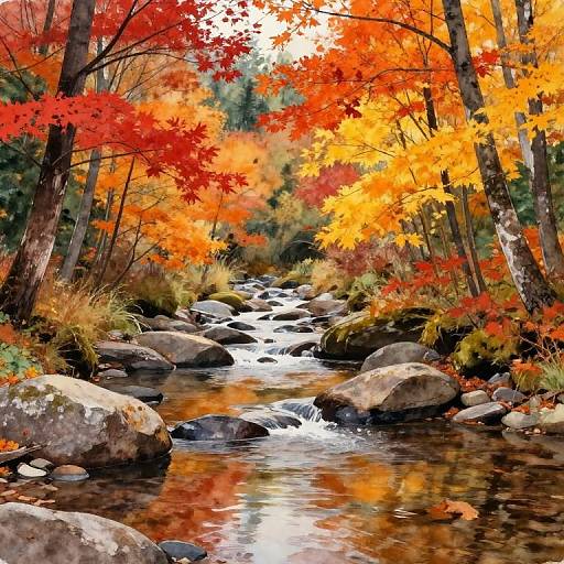 Watercolor Autumn Forest Stream