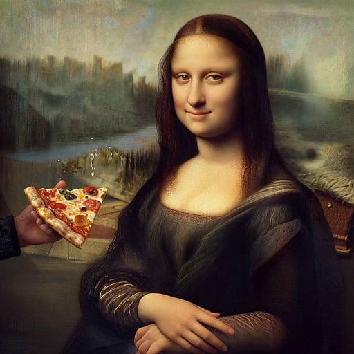 Mona Lisa holding a slice of pepperoni pizza with melted cheese, her enigmatic smile directed at the viewer. Digital art mashup.