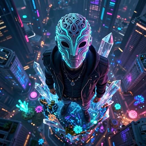 Digital art: Neon-lit cityscape from above showing a mysterious, mask-wearing figure with glowing blue and purple intricate face mask, black jacket,