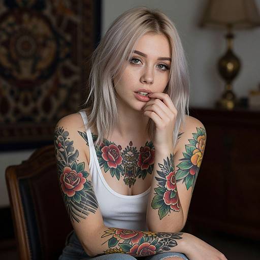 Portrait of Tattooed Woman in Dim Light