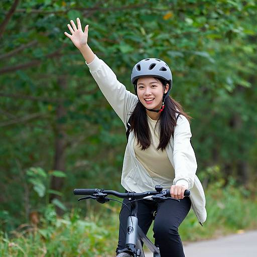 Photograph of an Asian woman with long black hair, wearing a white helmet, white shirt, and black pants, smiling while waving and riding a black