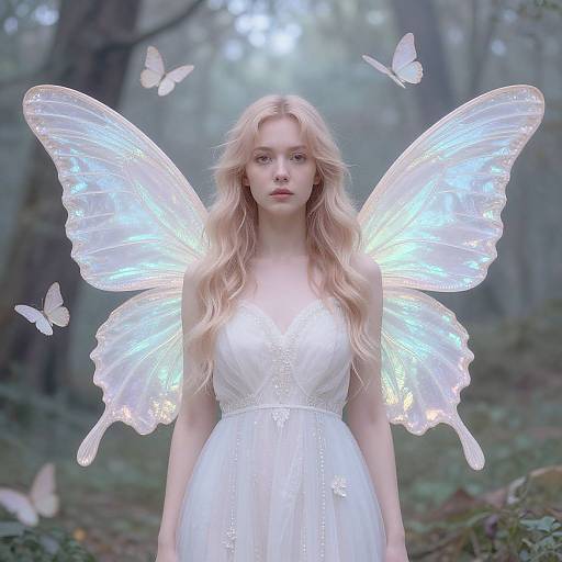 Photograph of a fair-skinned, blonde woman with glowing, translucent white butterfly wings, wearing a white dress in a misty forest. White butterflies